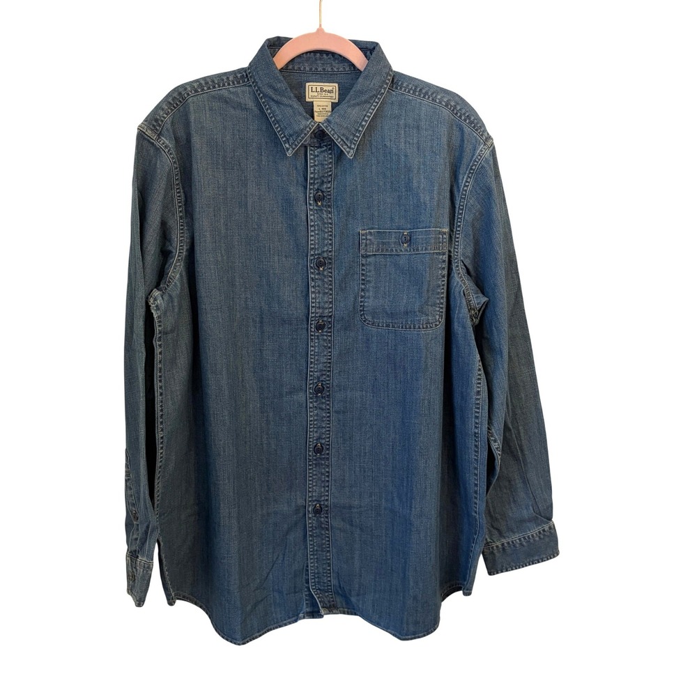 LL Bean Denim Shirt Mens L Long Sleeve Button Up Outdoors Workwear Blue NEW FLAW